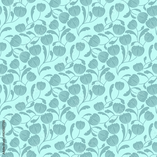Damask inspired green toned floral repeat pattern with delicate curved leaves and blooms. Ideal for use in textiles, wallpapers, packaging, or digital design.