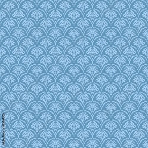 A Vintage-inspired damask decorative motif with symmetrical botanical elements on  blue background for luxury wallpaper and fabric designs.