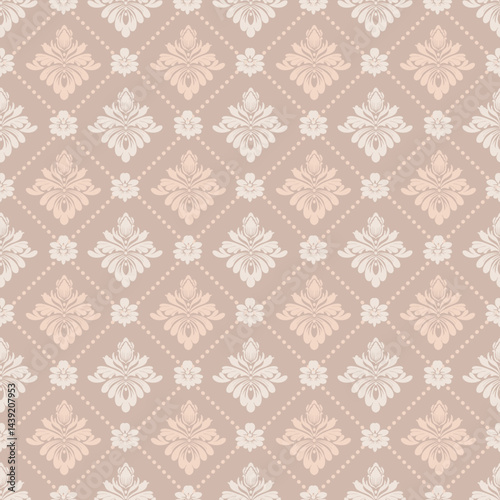 Vintage-inspired beige damask pattern with floral details and elegant diamond grid arrangement. Perfect for wallpaper, textiles, stationery, and digital projects.