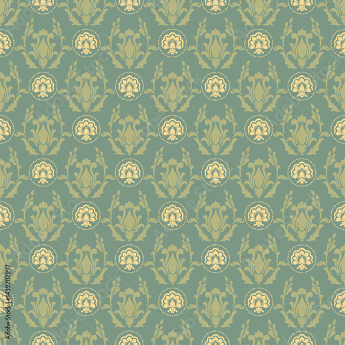Elegant damask pattern-Inspired motif in soft green and yellow with sophisticated details on Olive green background. Perfect for interior wallpaper, fabric, or classic stationery design.