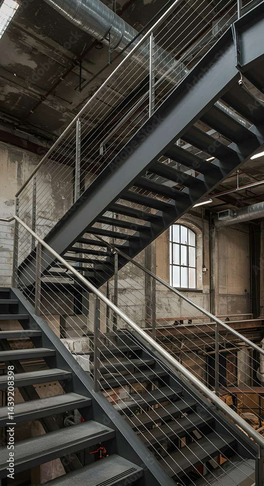 Obraz premium Modern Industrial Staircase Design in Renovated Building Space Architecture Loft Conversion Steel Metal Steps
