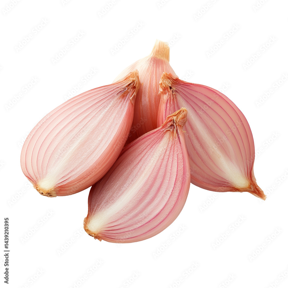 Obraz premium Freshly sliced shallots on a clean transparent background showcasing their delicate layers and rich color, shallots slice isolated on transparent background