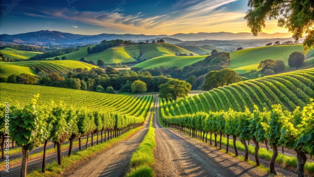 Fototapeta premium Rolling hills of a European vineyard with lush green grapes and oak trees in the background, summer foliage, wine country views