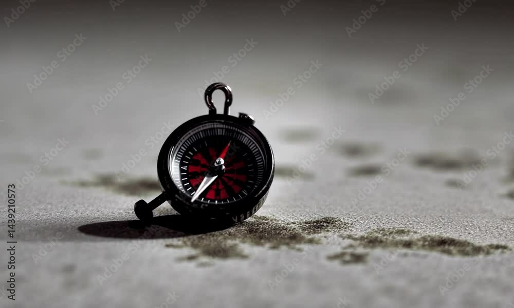Close-up of a vintage compass resting on a textured surface, with subtle shadows and light reflections