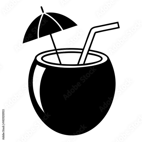 Bold Line Art Coconut Cocktail with Straw and Umbrella Perfect for Tropical Tiki Bar Logo Design
