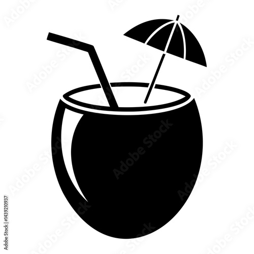 High Contrast Coconut Drink Illustration in Graphic Art Style with Minimalist Summer Vacation Vibes