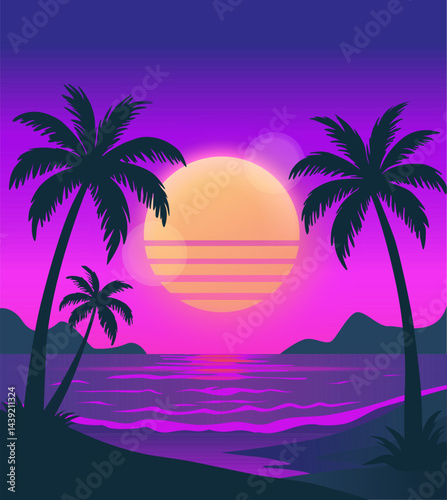 Abstract Neon purple palm beach night palm Retro futuristic  landscape with sea background of glowy sunset and palms silhouette. Hot summer, party, disco, banner, evening in beach. Vector illustration