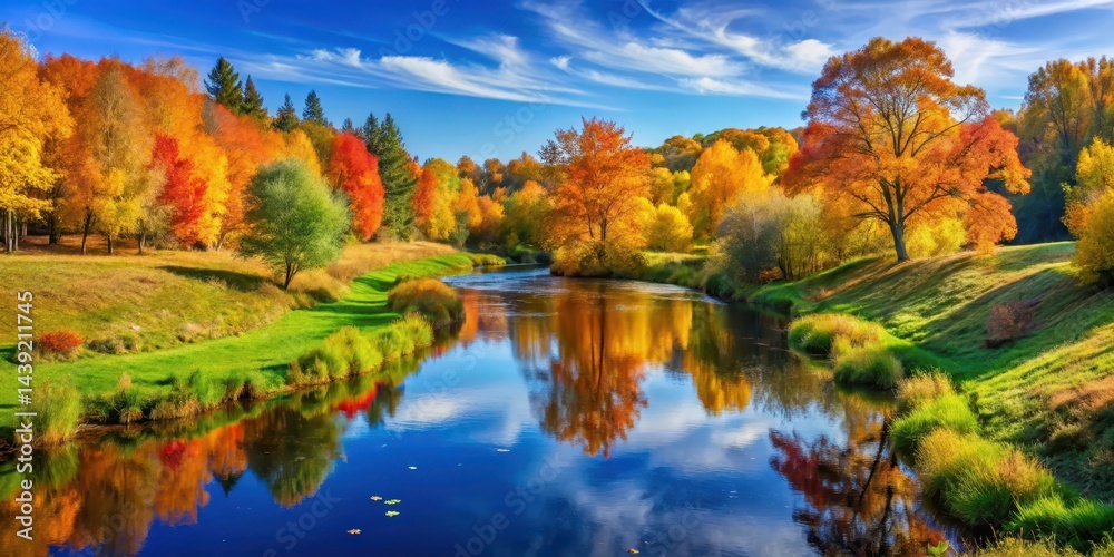 A serene autumn landscape with colorful trees set against a clear blue sky, surrounded by lush greenery and a meandering stream A serene autumn landscape with colorful trees set against a clear blue sky, surrounded by lush greenery and a meandering stream