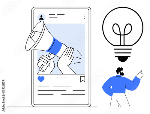 Megaphone hand reaching from mobile screen, person pointing to light bulb. Ideal for marketing, advertising, communication, content creation, branding, innovation strategy. Flat simple metaphor