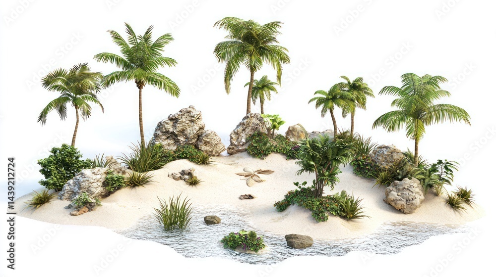 Fototapeta premium Group of isolated palm-covered islands with small sandy beaches on white background.