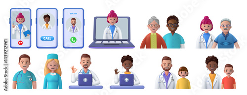 Doctor and patient icons. 3D people faces. Medic specialists. Health care telemedicine. Online medicine. Smartphone and laptop screen. Family consultation. Vector medical web exams set