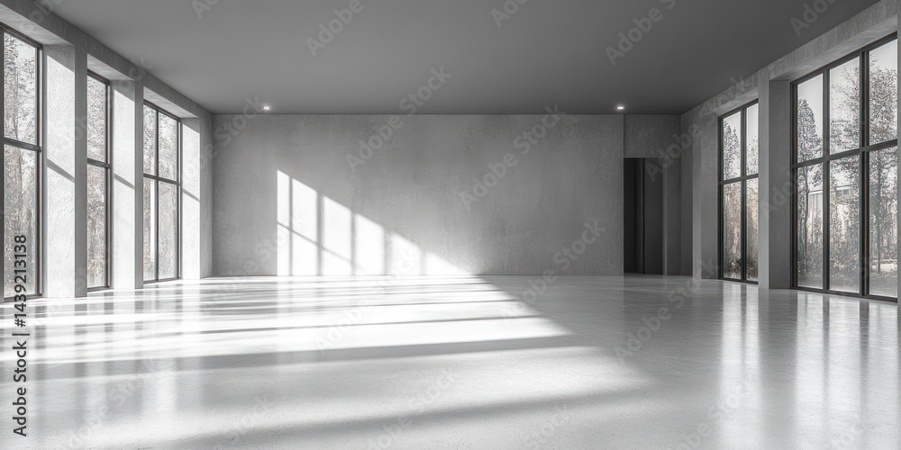 Spacious Modern Room With Large Windows And Concrete Walls Spacious Modern Room With Large Windows And Concrete Walls