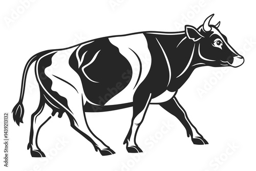 Silhouette of a black and white cow walking.