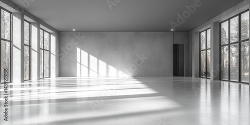Spacious Modern Room With Large Windows And Concrete Walls