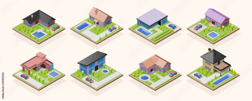 Fototapeta premium Isometric house. Country villa landscaping with pool and garden trees. 3D building. Housing development. Real estate blocks perspective view. Mansion roof and balcony. Vector icons set