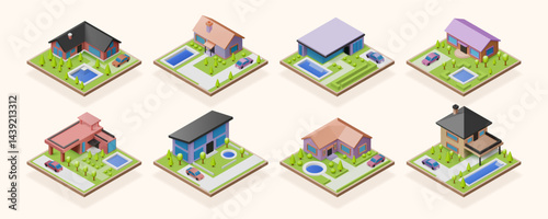 Isometric house. Country villa landscaping with pool and garden trees. 3D building. Housing development. Real estate blocks perspective view. Mansion roof and balcony. Vector icons set