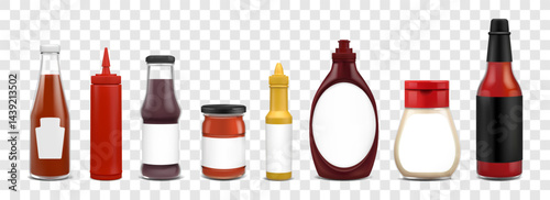 Sauce bottle. 3D product jar. Realistic ketchup. Food condiment taste. Mustard dressing. Blank clear glass. Packaging mockups. Mayonnaise and hot salsa. Vector isolated containers set