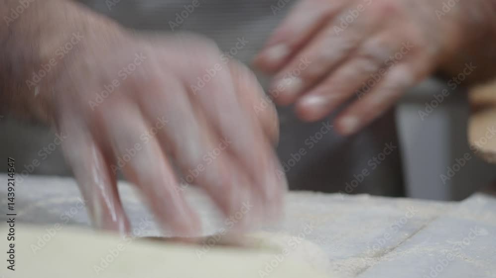 Making dough by hand in a bustling bakery kitchen Making dough by hand in a bustling bakery kitchen