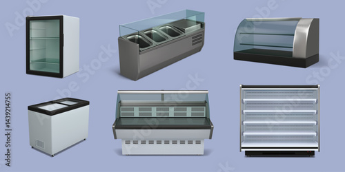Supermarket freezer. Store shelf display. Empty chiller. Showcase stand. Grocery market door. Merchandise presentation. 3D shop refrigerator. Shopping rack. Vector showing furniture set