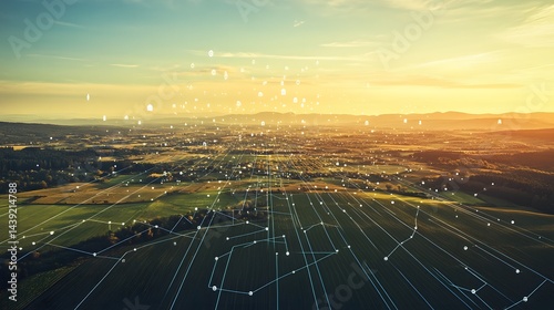 Aerial view of a rural landscape at sunset with interconnected network overlays.