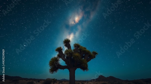 A surreal ultra-HD photograph, overhead bird’s eye view, a Joshua tree under a glowing Milky Way, eerie moonlight shadows, soft contrast, soft saturation, top-down perspective