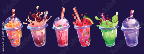 Summer drink. Fruit juice, cocktail for beverage menu. Ice glass lemonade, cold strawberry or sweet orange fresh. Watermelon, milk chocolate and kiwi. Isolated menu elements. Vector set