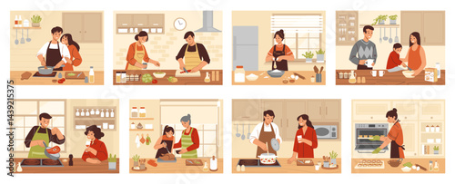 Family cooking. Home kitchen, people bake food on table. Woman, kid and friends prepare meal together. Grandmother with children, romantic couple, vector cartoon flat style isolated set
