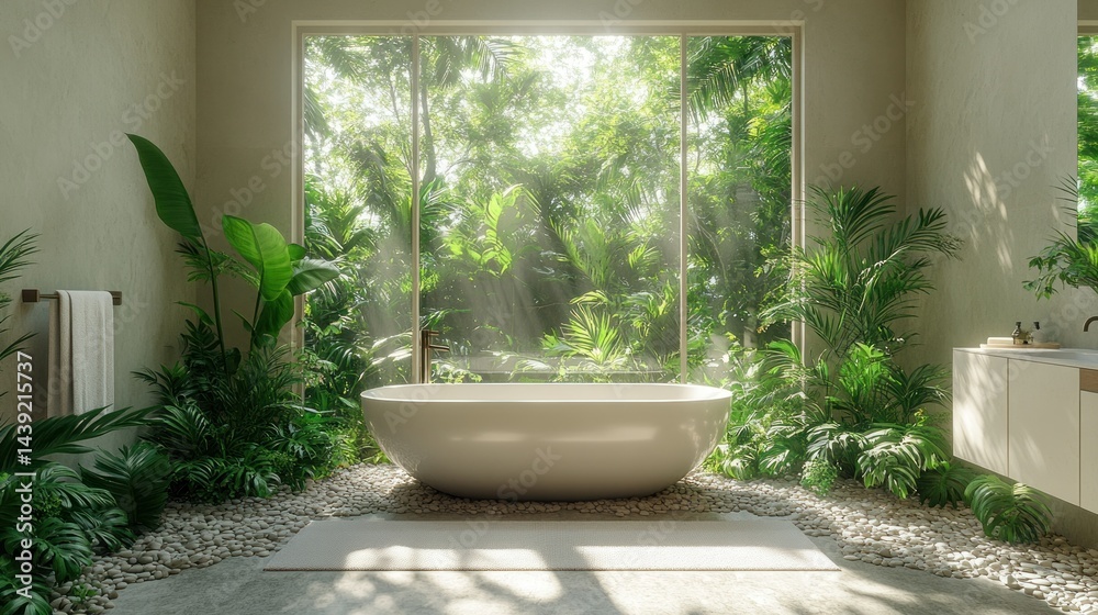 Fototapeta premium Tranquil bathroom with tropical views
