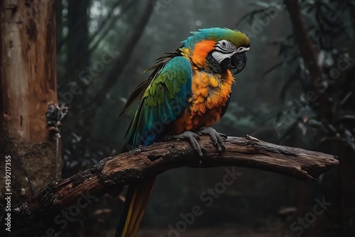 exotic parrot species on branch in tropical forest