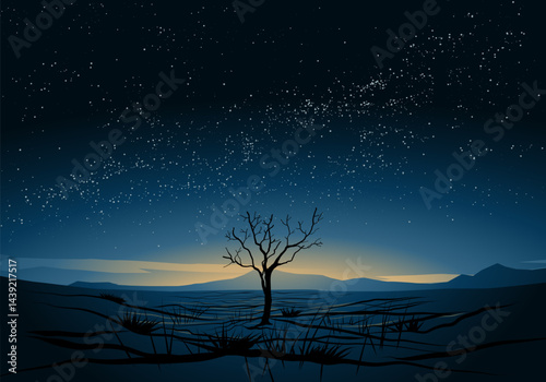 Breathtaking starry night with solitary tree