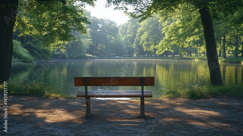 Wallpaper Mural Tranquil park bench by a serene lake Torontodigital.ca