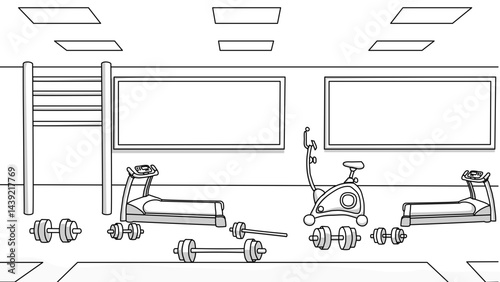 Exercise Room in Outline With Dumbbells Treadmills and Stationary Bicycle