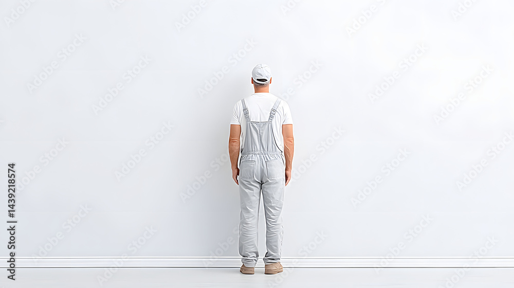 A clean-cut painter wearing overalls and a cap using a paintbrush.