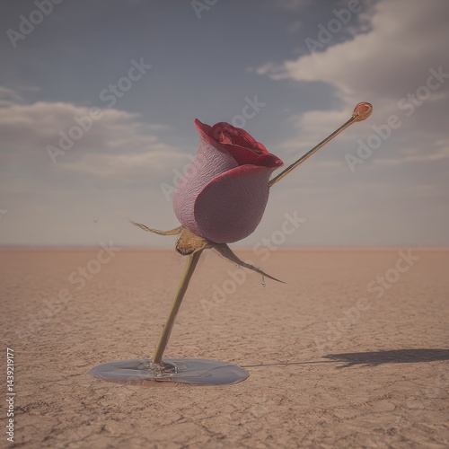 A Rose in Isolation: A single bloom struggles to bloom in a parched landscape, a symbol of beauty persisting against the odds. photo