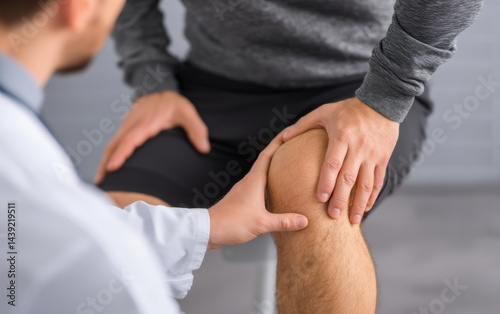 Doctor examines patient's knee during consultation at a clinic in the afternoon