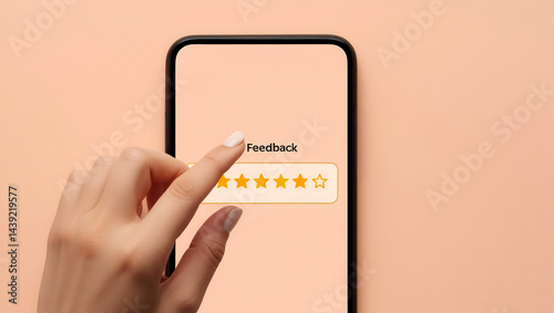 feedback survey response for statistics concept. Hand interacting with a smartphone rating feedback.
