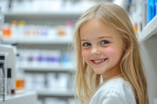 Free Download Smart girl with long blonde hair wearing a white lab coat smiles brightly in a science laboratory. The images reflect curiosity, learning, and spirit of young scientist in a research environment. - GFXLoad