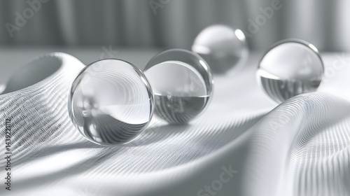 Translucent spheres rest elegantly on soft abstract fabric, creating serene atmosphere. interplay of light and shadow enhances beauty of scene, inviting contemplation