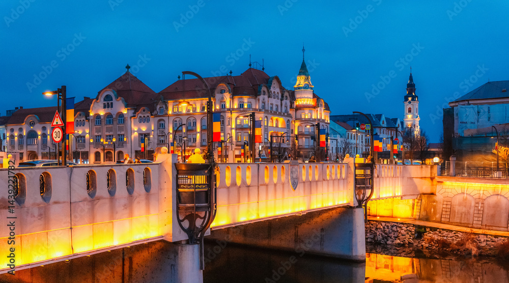 Naklejka premium Oradea, Romania with historic buildings in Union Square , The Capital of Art Nouveau. Western Transylvania in Romania. Historical cultural city in europe