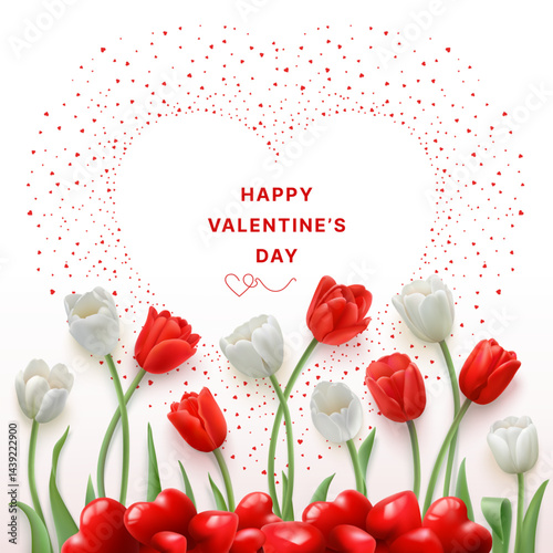 Happy Valentines day greeting card with tulips and hearts