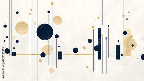 Abstract shapes and lines create visually striking composition with circles and rectangles in gold and navy blue tones. This artwork evokes sense of modern elegance and creativity