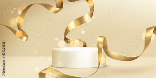 White round podium and golden ribbons on beige background. Vector realistic illustration of empty podium for product presentation or award ceremony, light flare, shiny gold decor, showroom display