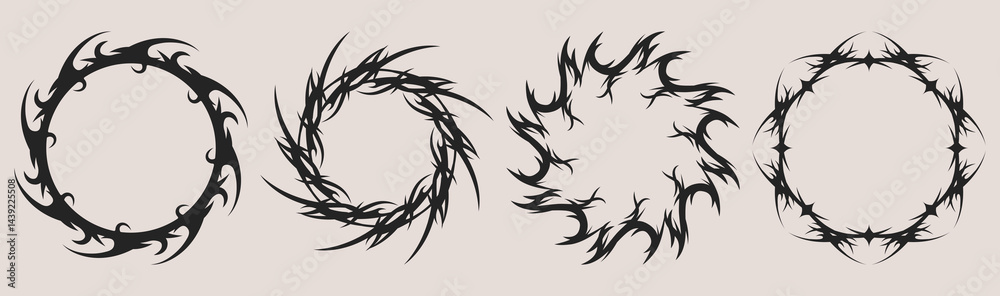 Obraz premium Tribal tattoo circle frames set - round borders made of swirling sharp thorn vines, black spiked curls forming rings. Vector design elements of gothic patterns, dark abstract decorative circular stamp