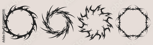 Tribal tattoo circle frames set - round borders made of swirling sharp thorn vines, black spiked curls forming rings. Vector design elements of gothic patterns, dark abstract decorative circular stamp