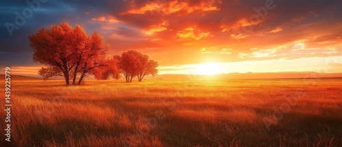 Capture a stunning real-life photograph of the autumn equinox, featuring a serene landscape with trees adorned in fiery shades of red, orange, and yellow, as the sun sets on the horizon