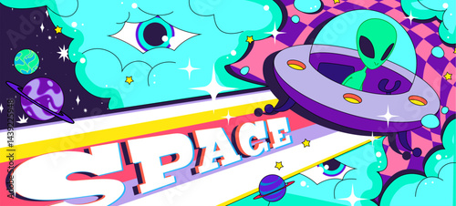 Groovy space poster graphic - psychedelic planets, UFO ship zooming past stars. Bright alien world landscape, retro cosmic lettering banner. Far out galaxy adventure print with trippy sci fi vibes.