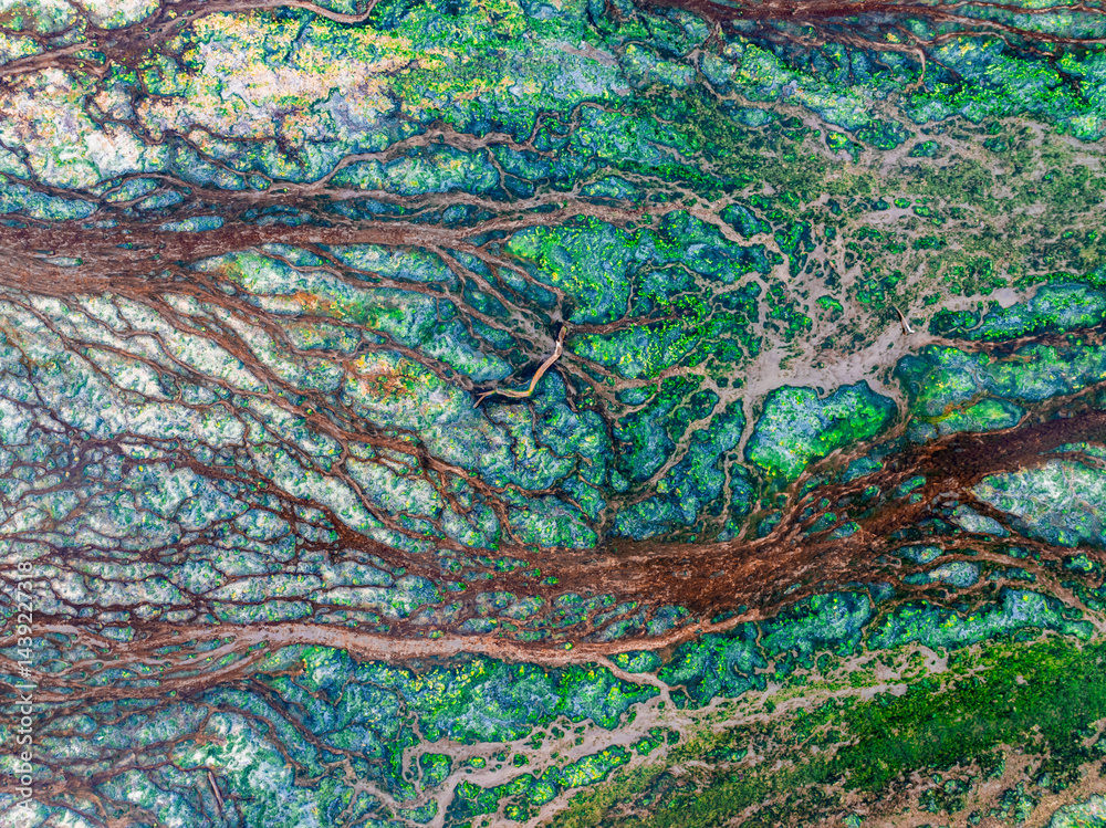 Aerial photograph of the river streams from rivers on dried up dam Liptovska Mara. Liptovsky Mikulas landspace, Slovakia