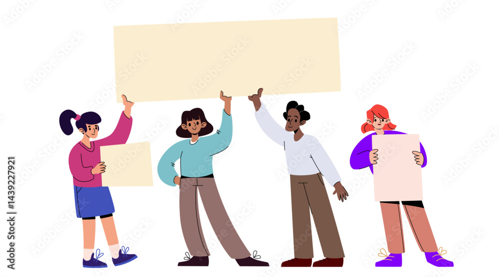 Fototapeta premium Diverse cartoon characters holding blank placards, standing together - various women and men with signs for slogans or messages. Vector illustration of protesters or activists on demonstration event.