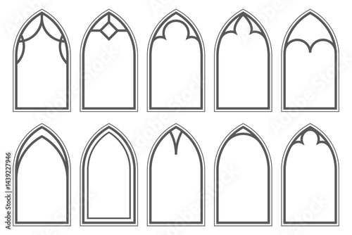 Church gothic windows with arched frames and stained glass. Cathedral medieval architecture shapes. Silhouettes of castle doors isolated on white background. Classic catholic interior decoration