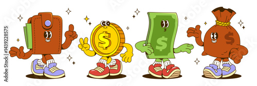 Money retro character set - cartoon wallet and coin, banknote and bag mascots with hands, legs and facial expressions. Quirky vintage style financial clipart for economic education or banking blog.